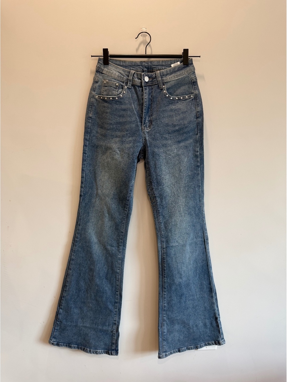 Blue Denim Flared Jeans with Skull and Stud Embellishments, Size S